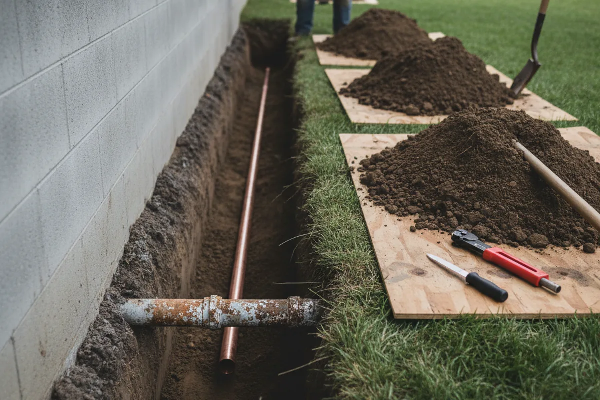 Excavated water line trench during Sewer Line Repair in Mingo